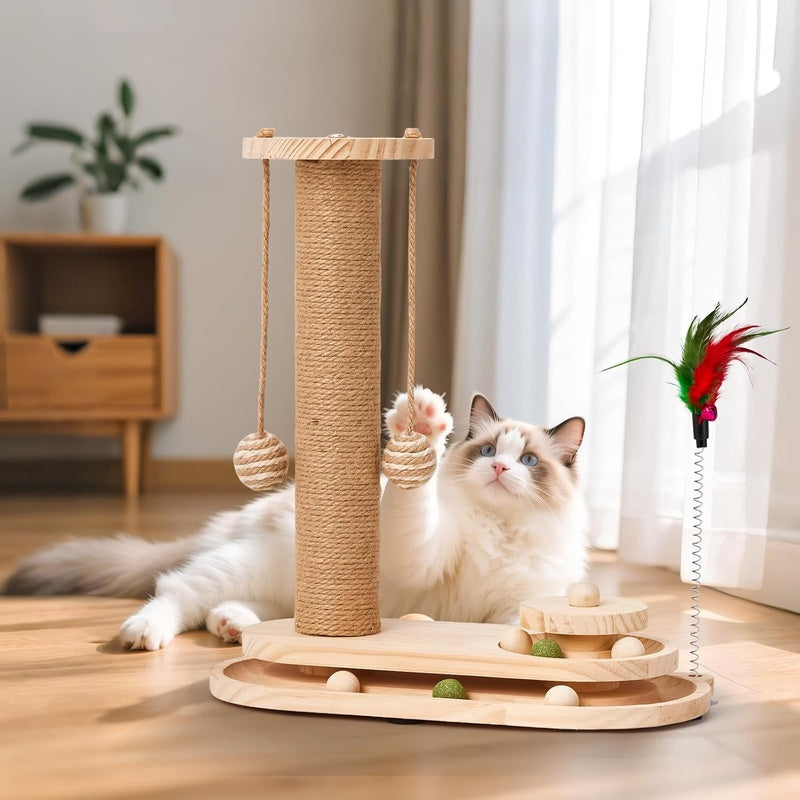 Indoor Cat Scratching Post - Two-Tier Ball Track Kitten Playset with Teasing Wand - Sisal Scratching Post Featuring Toy Balls