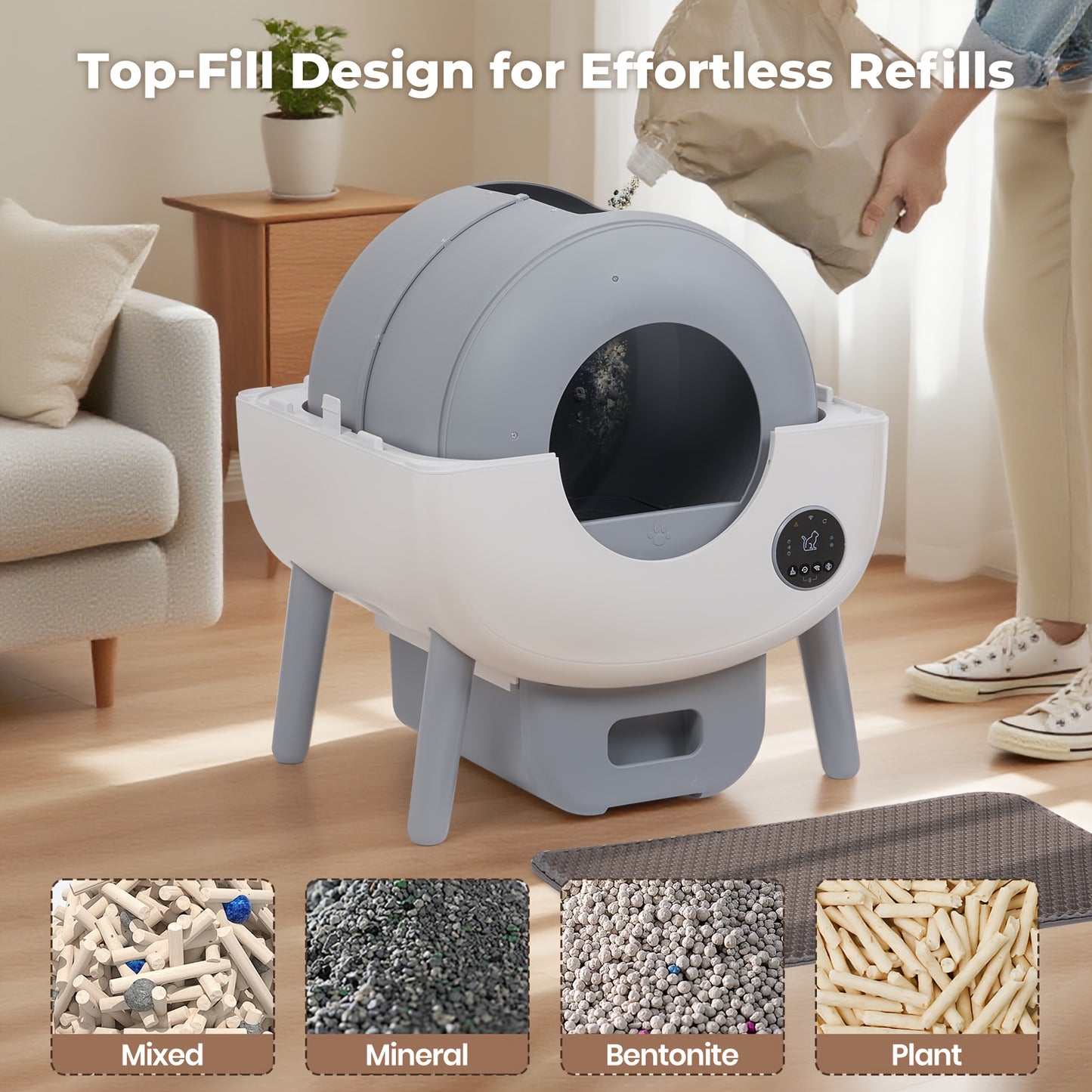 Self Cleaning Cat Litter Box With Garbage Bags - Extra Large Automatic Litter Box For Multiple Cats With Mat - Odor-Free Waste Disposal Litter Robot With App Control Ambient Light