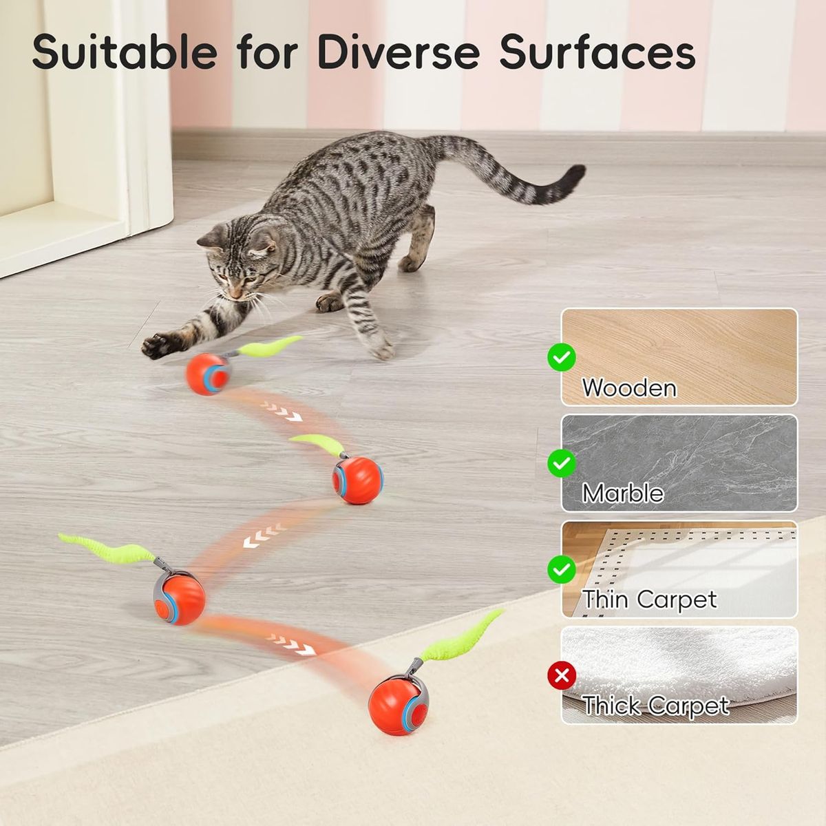 Potaroma Smart Self-Moving Cat Toy with Feather Tail - Rechargeable Interactive Robotic Rolling Ball, Two-Speed & Touch Modes, ABS\u002F Indoor Exercise Ball for Kittens & Cats, - Autonomous Hunting Play (Orange
