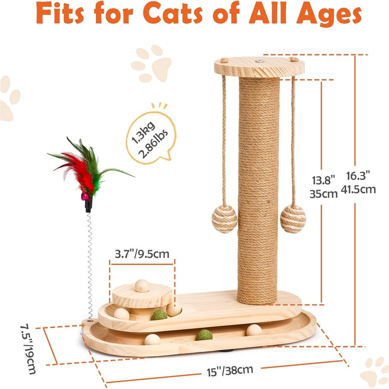 Indoor Cat Scratching Post - Two-Tier Ball Track Kitten Playset with Teasing Wand - Sisal Scratching Post Featuring Toy Balls