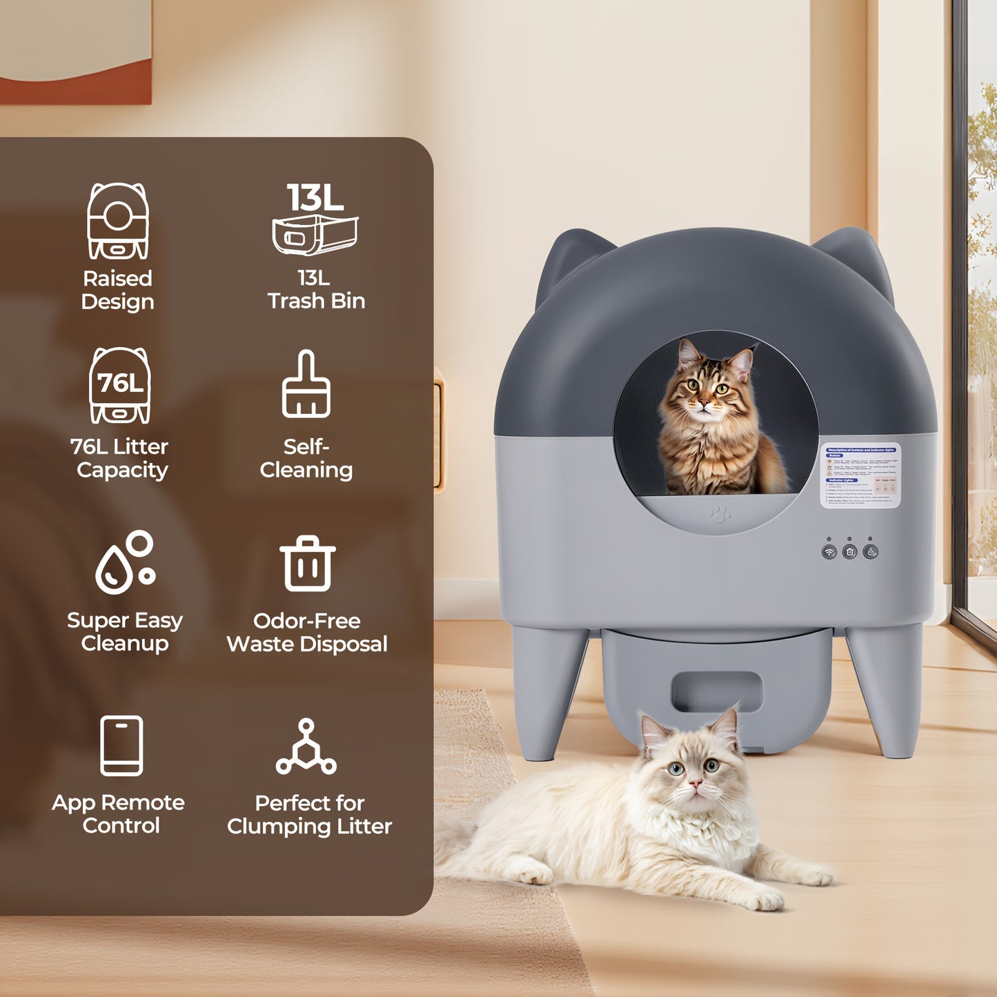 Self Cleaning Cat Litter Box With Garbage Bags - Extra Large Automatic Litter Box For Multiple Cats With Mat - Odor-Free Waste Disposal Litter Robot With App Control Ambient Light
