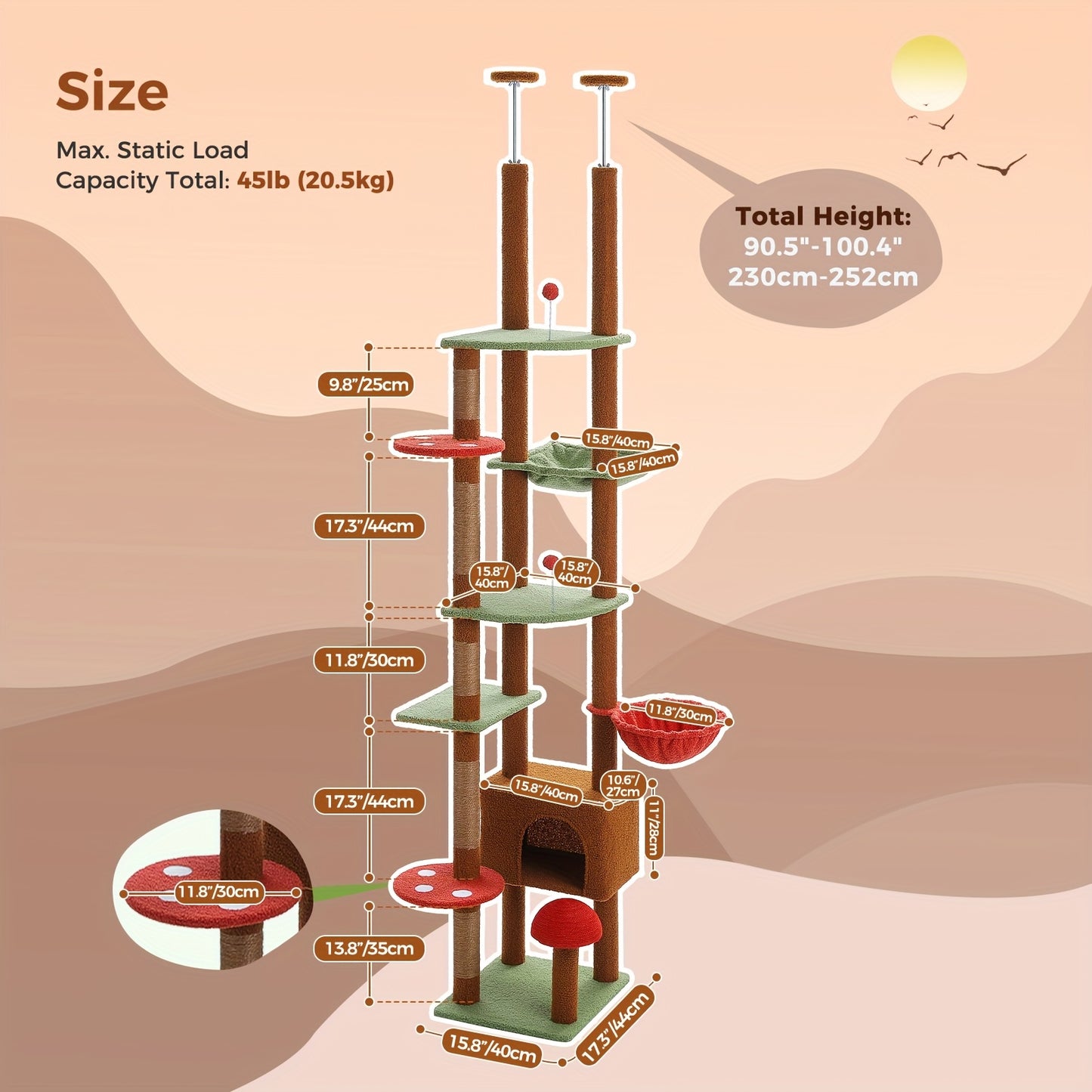 Adjustable 90.5''-100.4'' (230-252CM) Tall Cat Tree, Floor To Ceiling Cat Tree Tower With Cat Condo, Large Cat Tree For Indoor, Cat Hammock And Scratching Post, Cat Climbing Tree For Indoor Large Cats, Replacement Ball, Green, Brown, Pink, Black