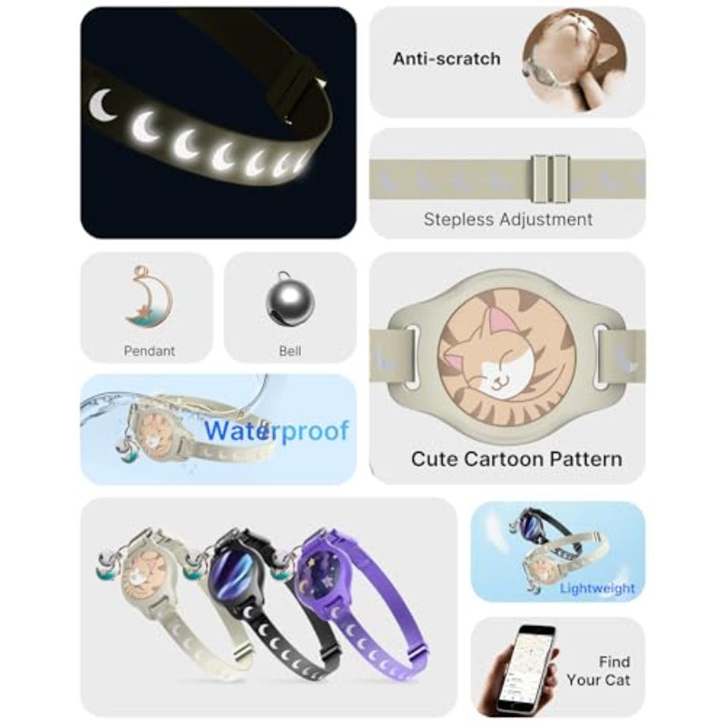 Cat Collar with Airtag Holder Breakaway Airtag Cat Collar for Apple Air Tag with Luminous and Reflective Pattern Waterproof GPS Cat Tracker Collars for Boy Girl Cats Kittens with Bell Khaki 812\