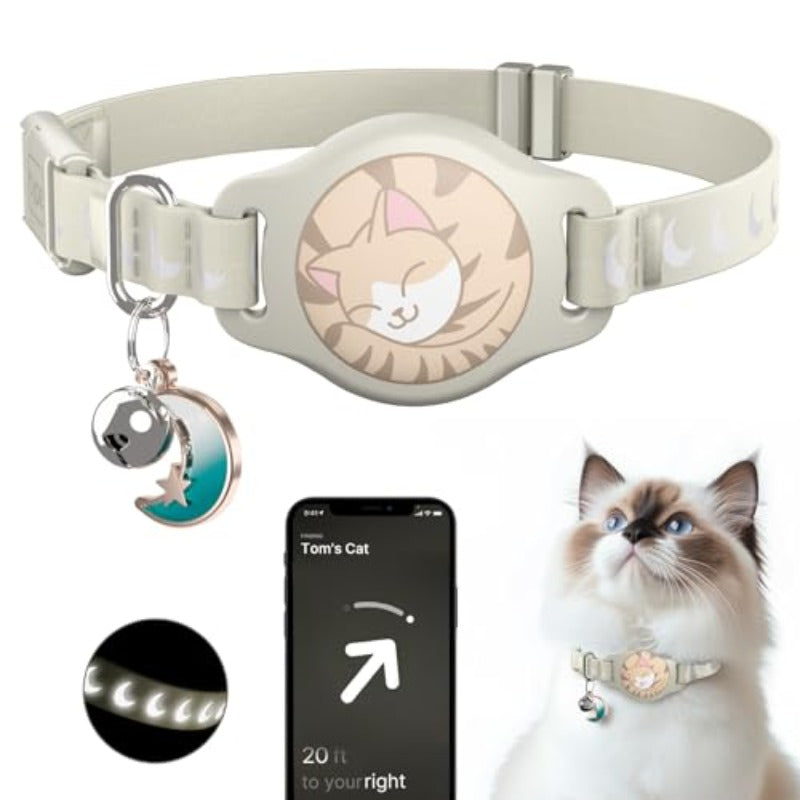 Cat Collar with Airtag Holder Breakaway Airtag Cat Collar for Apple Air Tag with Luminous and Reflective Pattern Waterproof GPS Cat Tracker Collars for Boy Girl Cats Kittens with Bell Khaki 812\