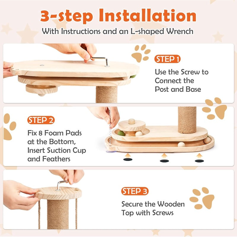 Indoor Cat Scratching Post - Two-Tier Ball Track Kitten Playset with Teasing Wand - Sisal Scratching Post Featuring Toy Balls
