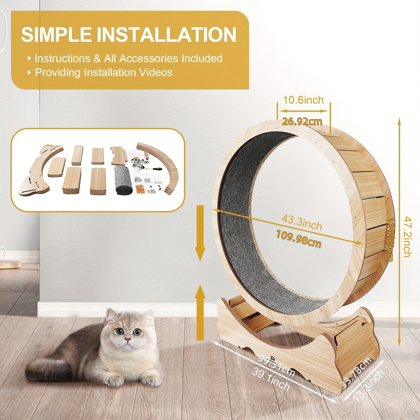 Naviconvex, Cat Toy, 45-Inch Large Cat Exercise Wheel, Silent Running Wheel, Indoor Cat Treadmill, XL Wooden Cat Treadmill With Carpeted Runway, Perfect Gift For Cat Lovers