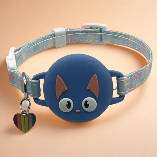 Glow-in-the-Dark Cat AirTag Collar with Anti-Choke Safety, GPS Tracker & -Loss Design - Soft Nylon Protective Cover with Cute Blue Kitten Face & Heart Charm, Comfortable Pet Collar for Indoor\u002FOutdoor Cats, Compatible with AirTag System (No Battery-F