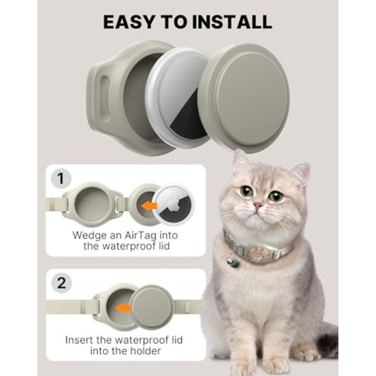 Breakaway Cat Collar with Apple AirTag Holder - Waterproof GPS Tracker, Luminous & Reflective Safety Design, Adjustable Smart Collar with Bell & Khaki Color for Indoor\u002FOutdoor Cats & Kittens (Compatible with for iphone Tracking)