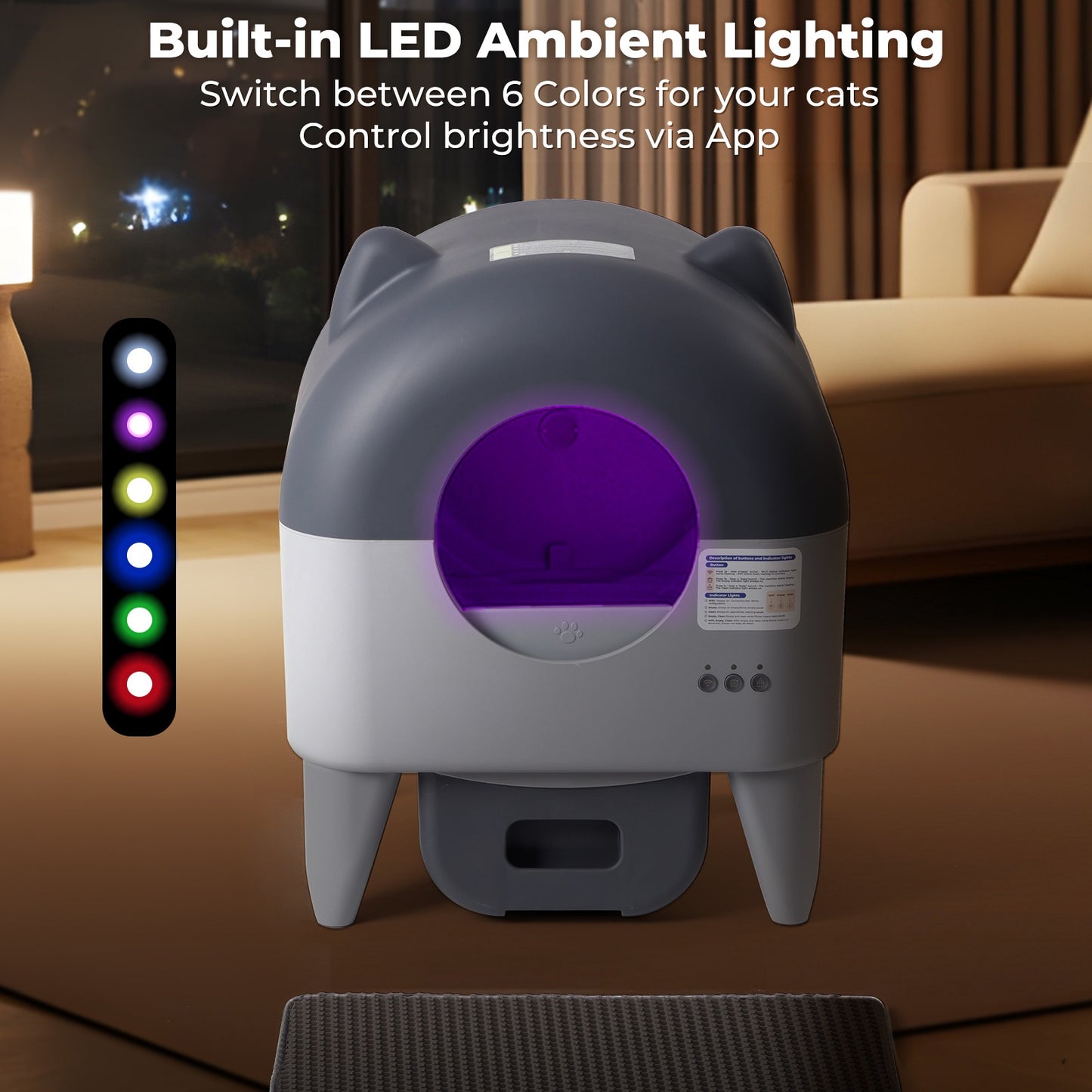 Self Cleaning Cat Litter Box With Garbage Bags - Extra Large Automatic Litter Box For Multiple Cats With Mat - Odor-Free Waste Disposal Litter Robot With App Control Ambient Light
