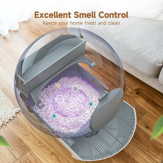 Self-Cleaning Automatic Cat Litter Box with 15.85gal Extra Large Capacity, Scoop-Free Operation, Odor Removal & Anti-Pinch Safety, USB-Powered Smart Litter Box with App Control, Low Voltage (36V) for Multi-Cat Households, Modern White Design with Automati