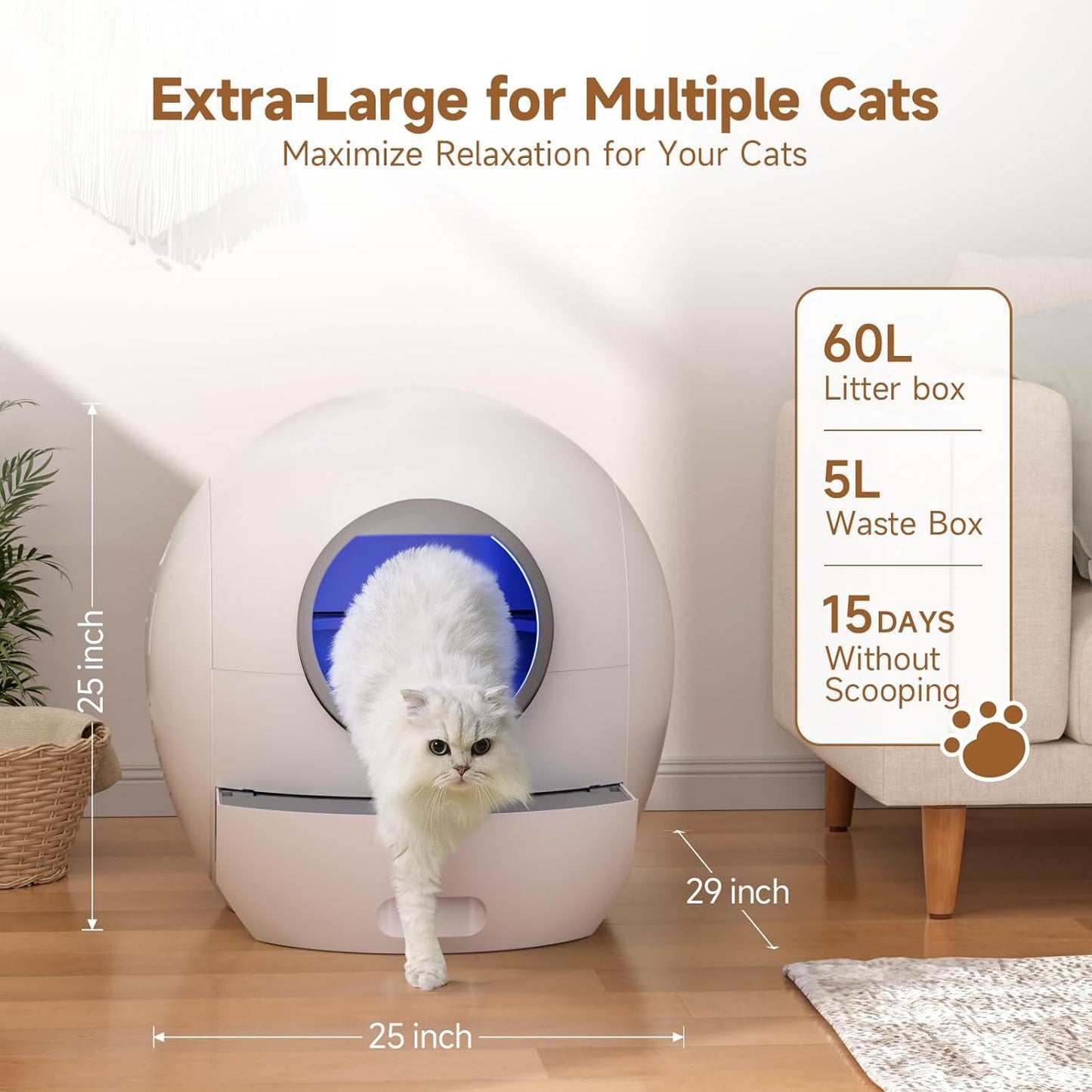 Self-Cleaning Automatic Cat Litter Box with 15.85gal Extra Large Capacity, Scoop-Free Operation, Odor Removal & Anti-Pinch Safety, USB-Powered Smart Litter Box with App Control, Low Voltage (36V) for Multi-Cat Households, Modern White Design with Automati