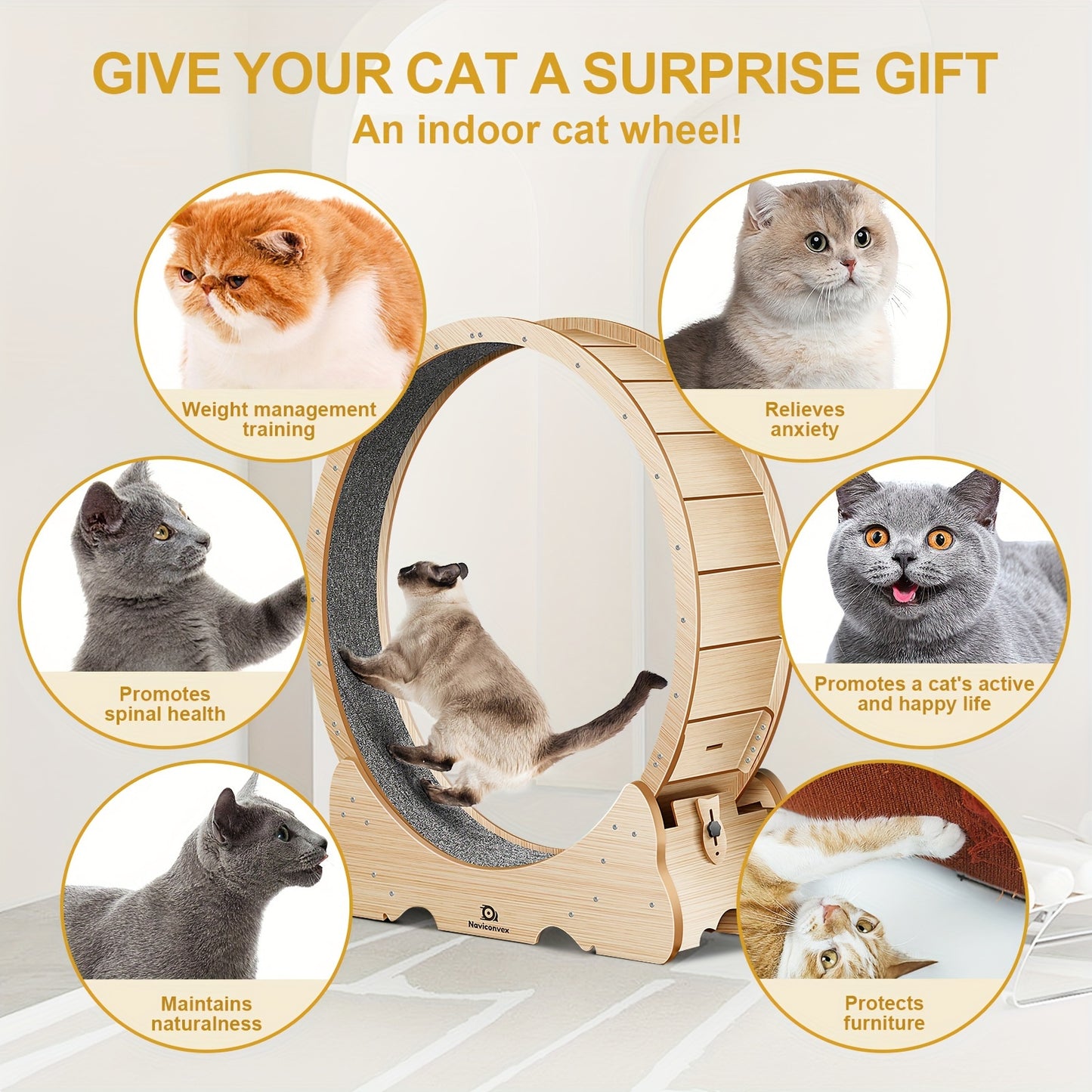 Naviconvex, Cat Toy, 45-Inch Large Cat Exercise Wheel, Silent Running Wheel, Indoor Cat Treadmill, XL Wooden Cat Treadmill With Carpeted Runway, Perfect Gift For Cat Lovers
