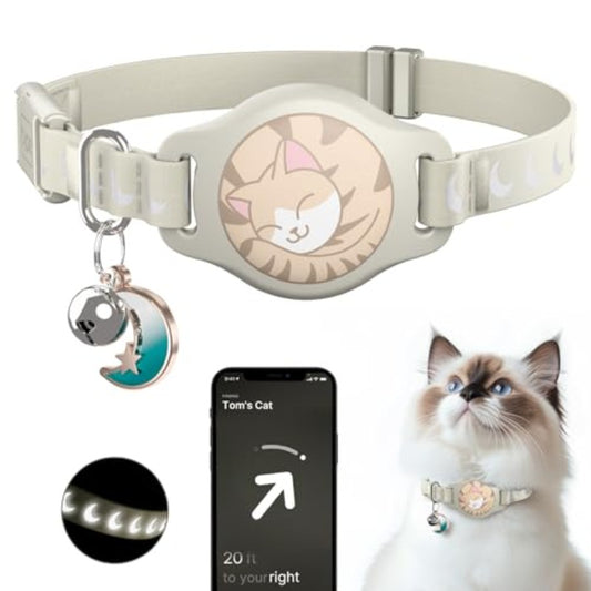 Cat Collar with Airtag Holder Breakaway Airtag Cat Collar for Apple Air Tag with Luminous and Reflective Pattern Waterproof GPS Cat Tracker Collars for Boy Girl Cats Kittens with Bell Khaki 812\