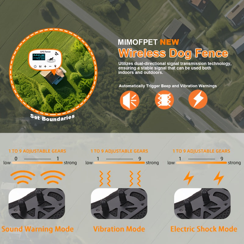 Wireless Dog Fence for 1 Dog, GPS Tracking System with Adjustable Static Shock, Beep and Vibration Modes, Suitable for Small, Medium, and Large Dogs, 10-45 lbs, Collar Included