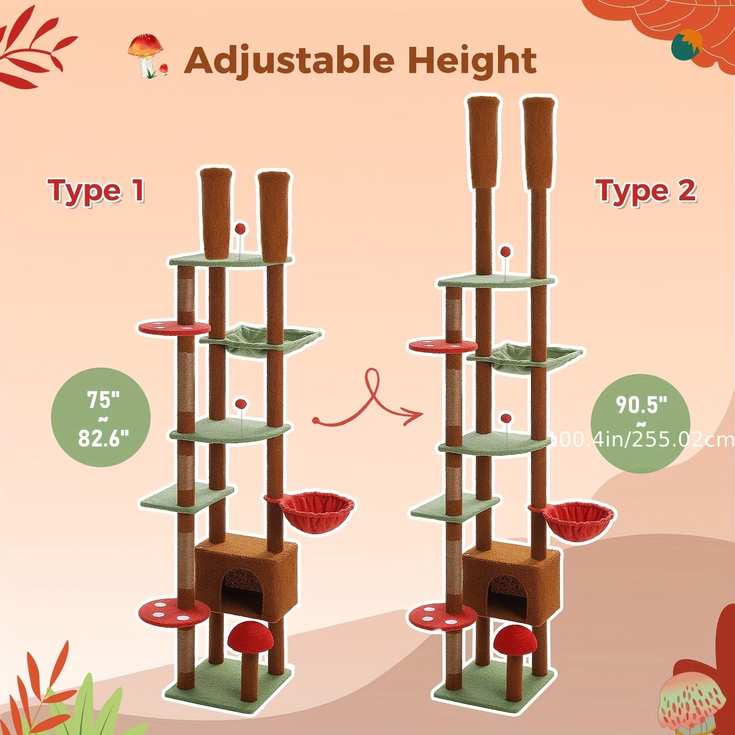 Adjustable 90.5''-100.4'' (230-252CM) Tall Cat Tree, Floor To Ceiling Cat Tree Tower With Cat Condo, Large Cat Tree For Indoor, Cat Hammock And Scratching Post, Cat Climbing Tree For Indoor Large Cats, Replacement Ball, Green, Brown, Pink, Black