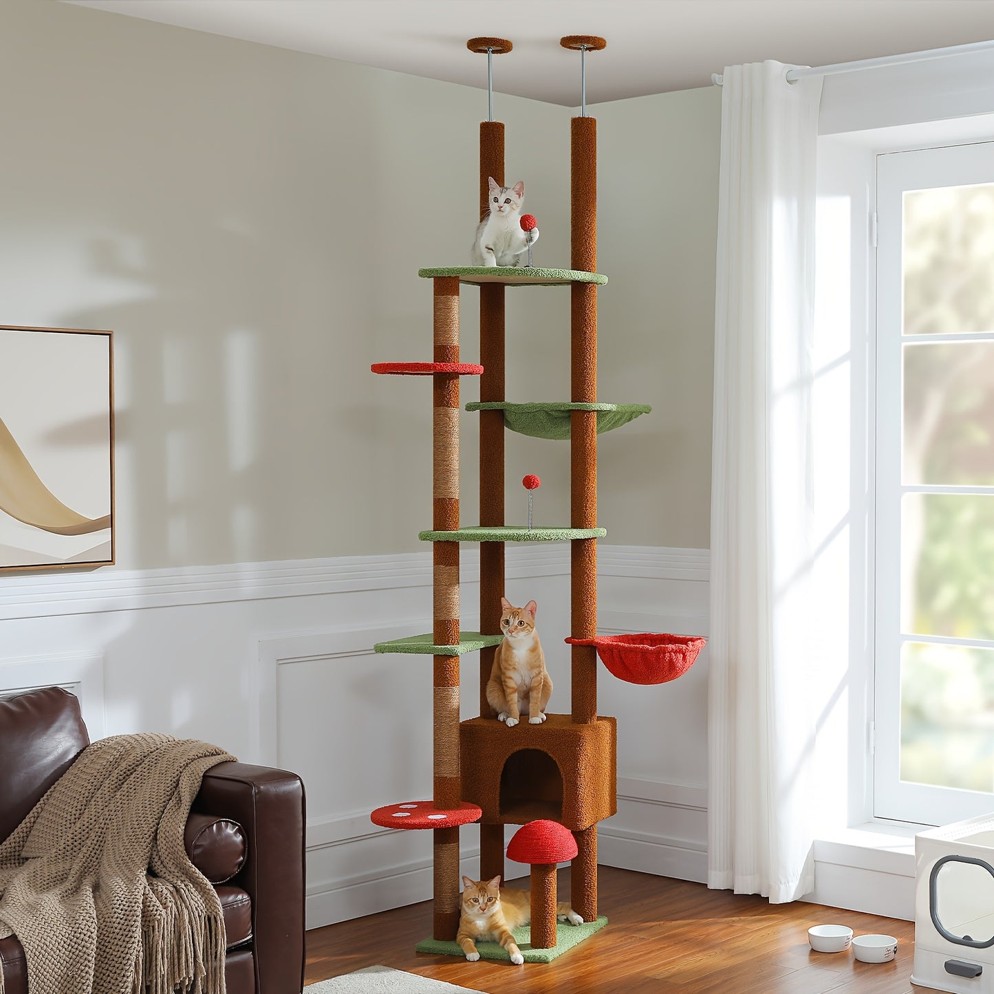 Adjustable 90.5''-100.4'' (230-252CM) Tall Cat Tree, Floor To Ceiling Cat Tree Tower With Cat Condo, Large Cat Tree For Indoor, Cat Hammock And Scratching Post, Cat Climbing Tree For Indoor Large Cats, Replacement Ball, Green, Brown, Pink, Black