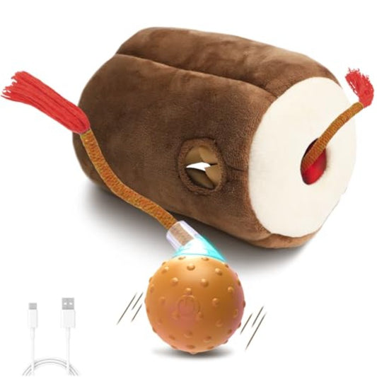 Interactive Cat Toy with Motion & Auto-Rolling Ball - Rechargeable Plush Burrow Mouse, Squeaky & Crinkle Sounds, 3-Mode Smart Puzzle Play for Indoor Cats, Self-Playing Wheeky Ball for Kittens (Type-C)