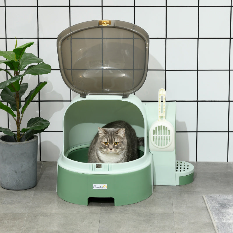 EANE PawHut Automatic Self-Cleaning Cat Litter Box with Lid & Openable Front Cover - Removable Tray, Spacious Side Door, Odor Control, Modern Space Capsule Design, Green Water Diamond Crystal for Cats Up to 10 lbs