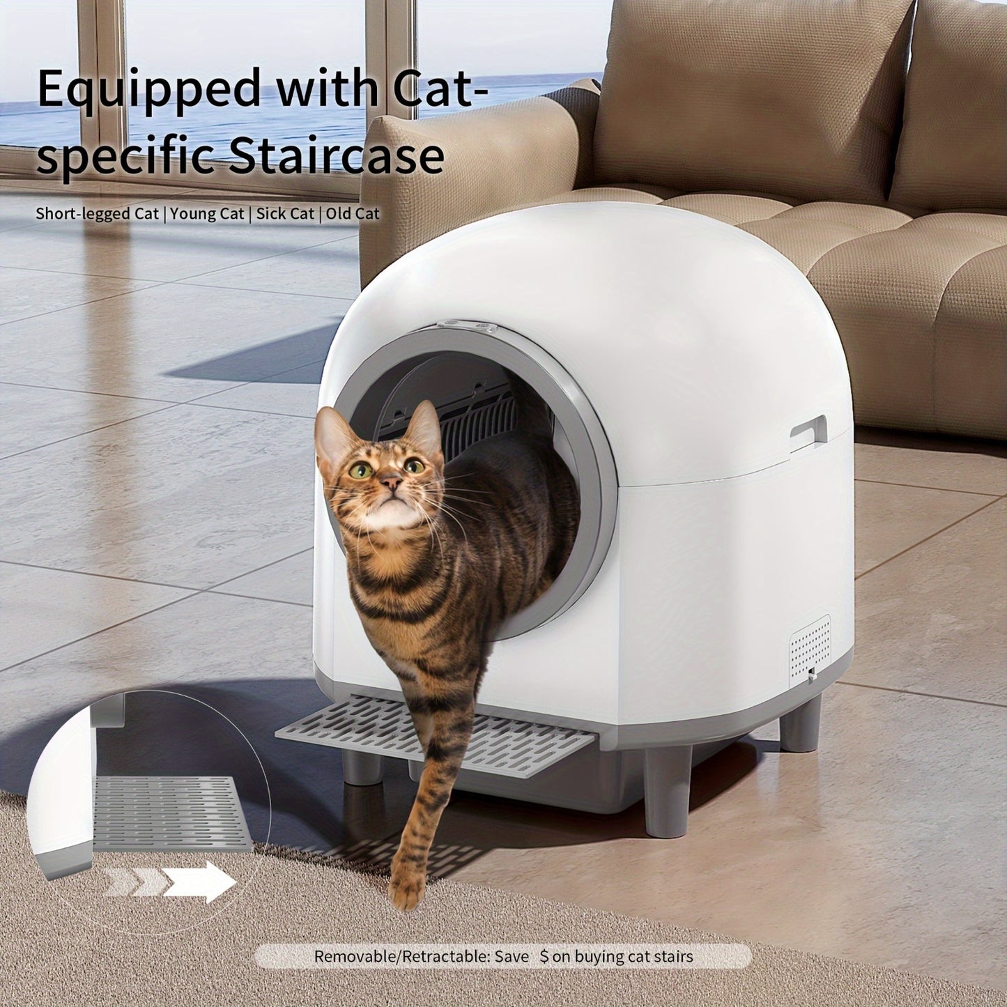 Automatic Self-Cleaning Cat Litter Box with 10 Safety Sensor Radars, 26.42gal Electric Litter Box with Stairs for Multiple Cats, APP-Control, Advanced Odor Control - Black\u002FWhite, Smart Litter Box, Pet Waste Management, Modern Pet Accessory, Durable P