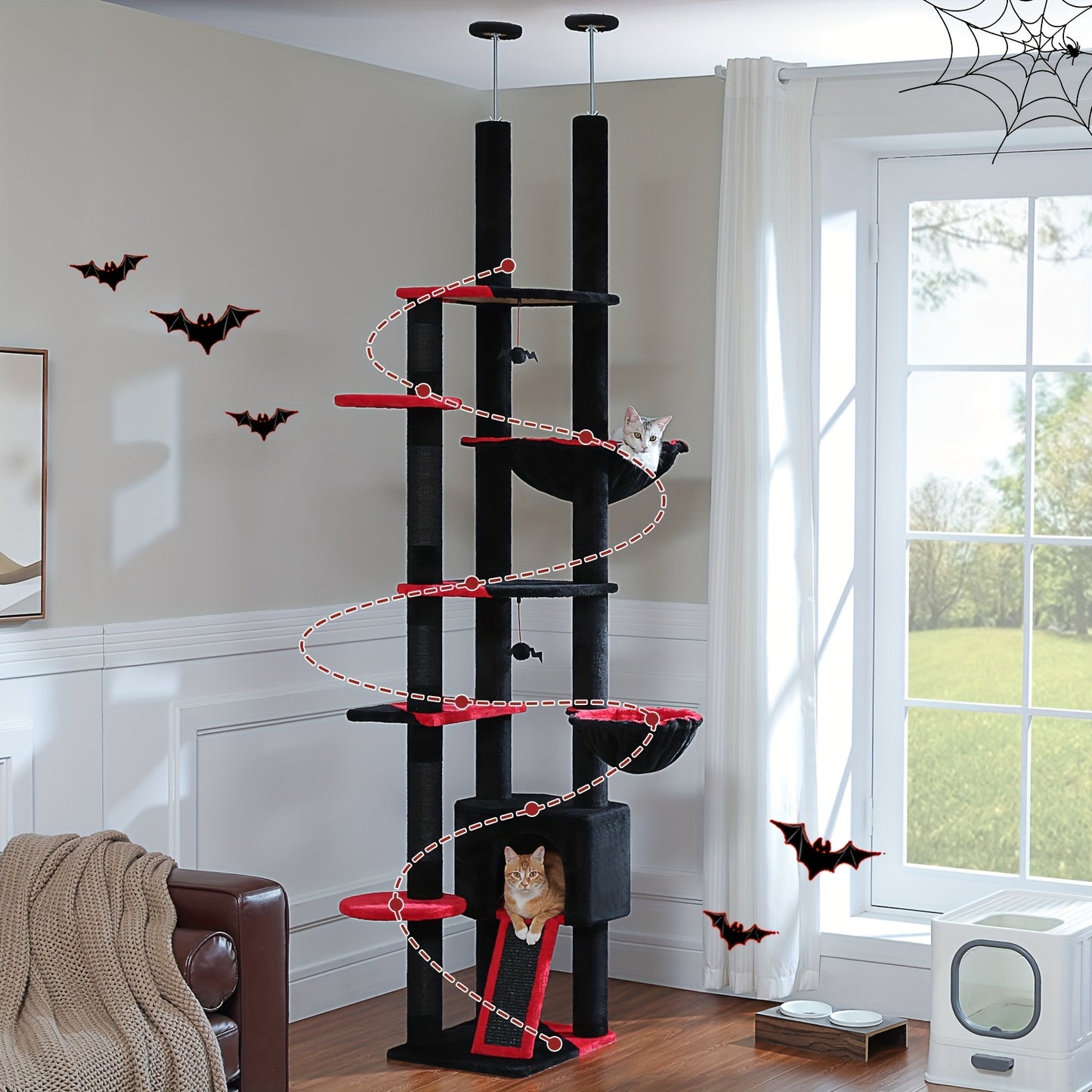 Adjustable 90.5''-100.4'' (230-252CM) Tall Cat Tree, Floor To Ceiling Cat Tree Tower With Cat Condo, Large Cat Tree For Indoor, Cat Hammock And Scratching Post, Cat Climbing Tree For Indoor Large Cats, Replacement Ball, Green, Brown, Pink, Black
