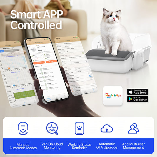 MagicScoop Self-Cleaning Litter Box, Automatic Cat Litter Box, Robot Open Top Litter Box, Scooper Free with Smart App Control, Anti-Pinch, Odor Free Waste Disposal, Spacious for Multiple Cats, Self Cleaning Litter Box for Cats, Cat Litter Box Self Cleanin