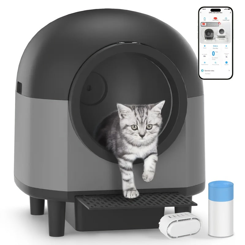 Automatic Self-Cleaning Cat Litter Box with 10 Safety Sensor Radars, 26.42gal Electric Litter Box with Stairs for Multiple Cats, APP-Control, Advanced Odor Control - Black\u002FWhite, Smart Litter Box, Pet Waste Management, Modern Pet Accessory, Durable P