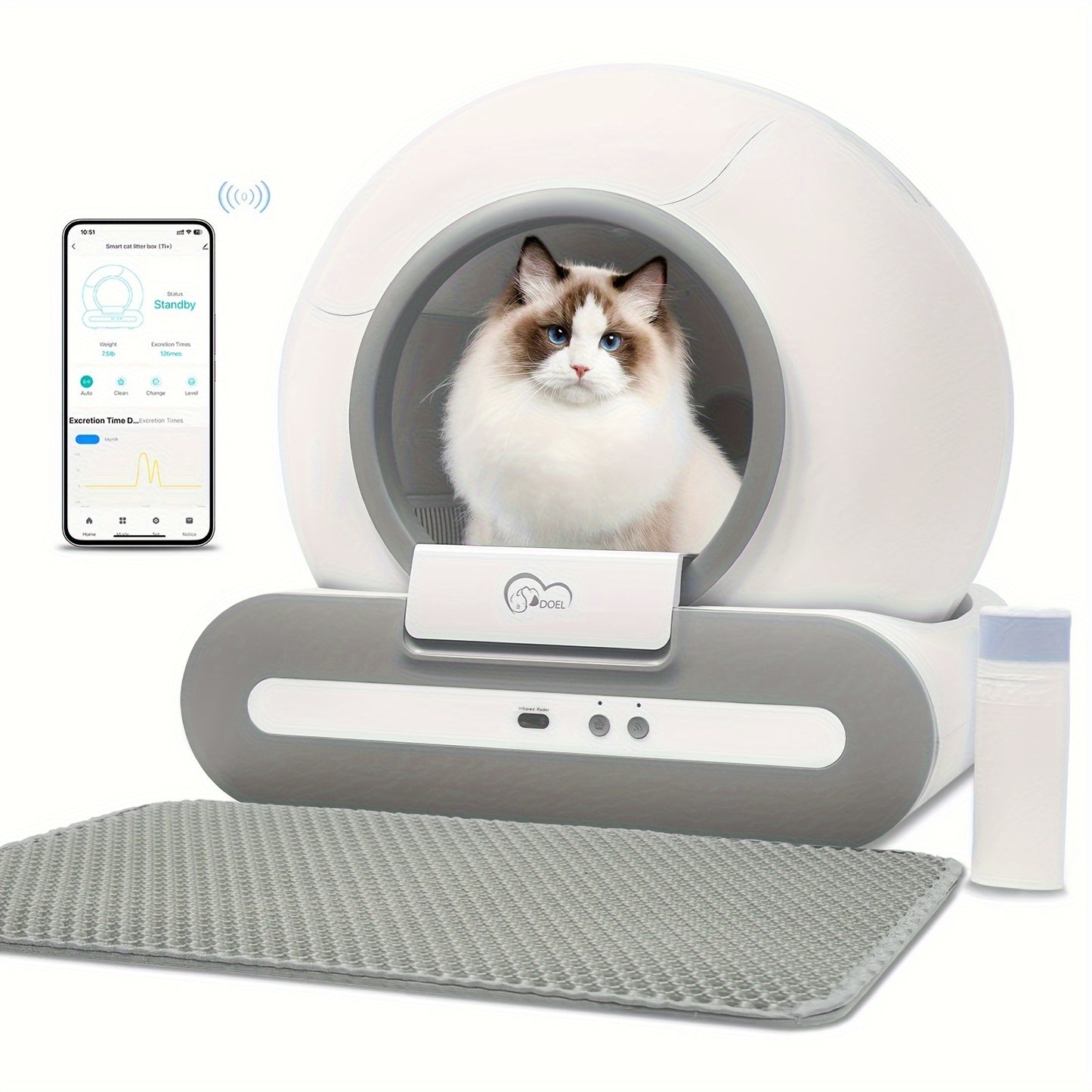 DOEL Smart Self-Cleaning Automatic Cat Litter Box with App Control, 2.4G WiFi, Large 65L Capacity, Litter Mat & Trash Bags Included, Infrared & Gravity Sensors, Quiet Operation, Odor Control System, Compatible with Clumping & Mineral Cat Litter for Cats u