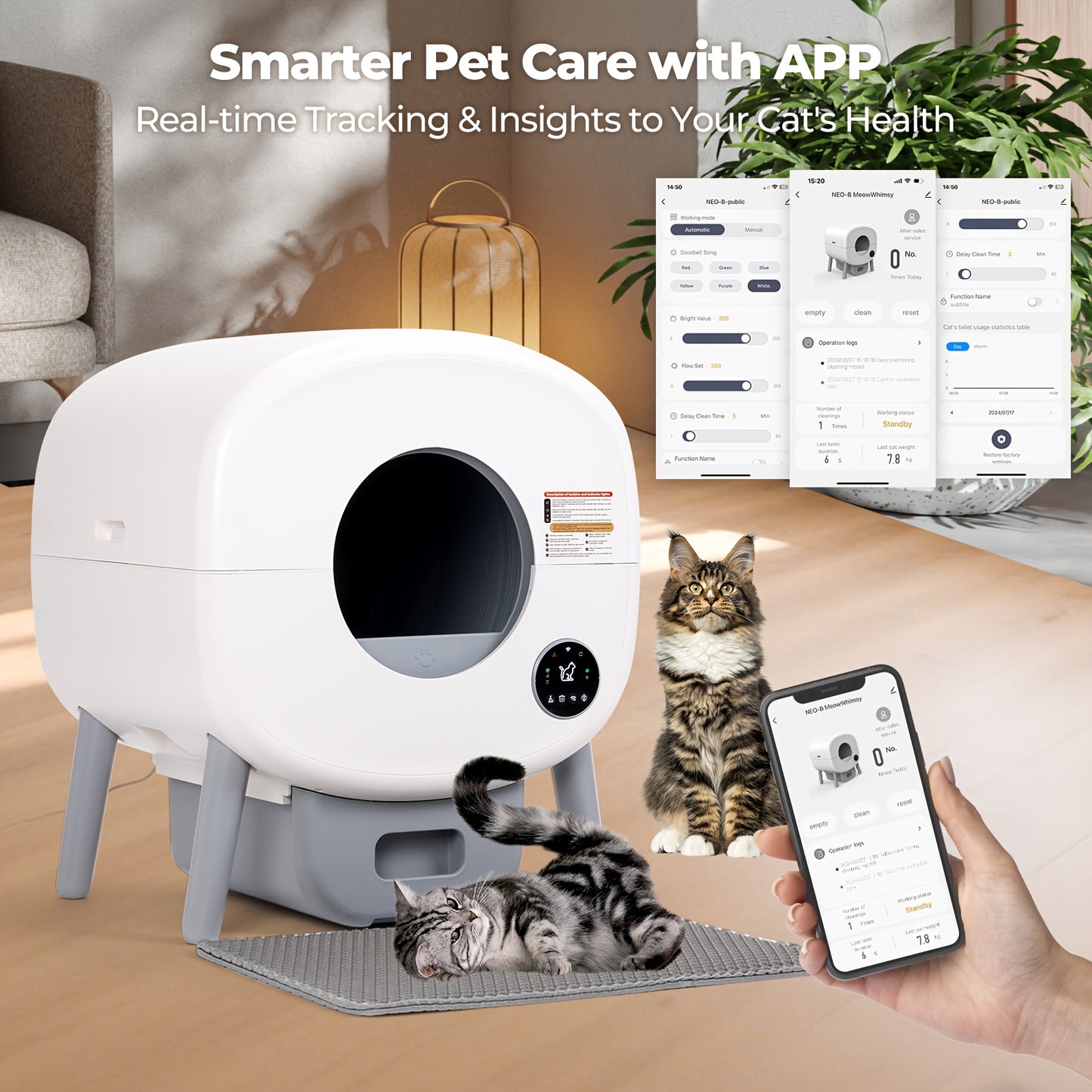 Self Cleaning Cat Litter Box With Garbage Bags - Extra Large Automatic Litter Box For Multiple Cats With Mat - Odor-Free Waste Disposal Litter Robot With App Control Ambient Light