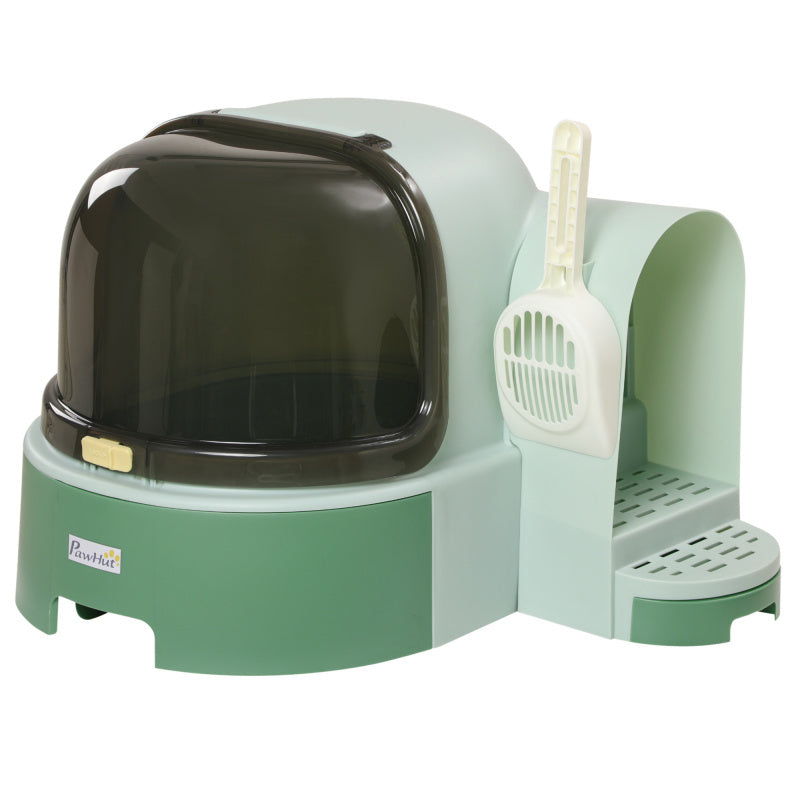 EANE PawHut Automatic Self-Cleaning Cat Litter Box with Lid & Openable Front Cover - Removable Tray, Spacious Side Door, Odor Control, Modern Space Capsule Design, Green Water Diamond Crystal for Cats Up to 10 lbs