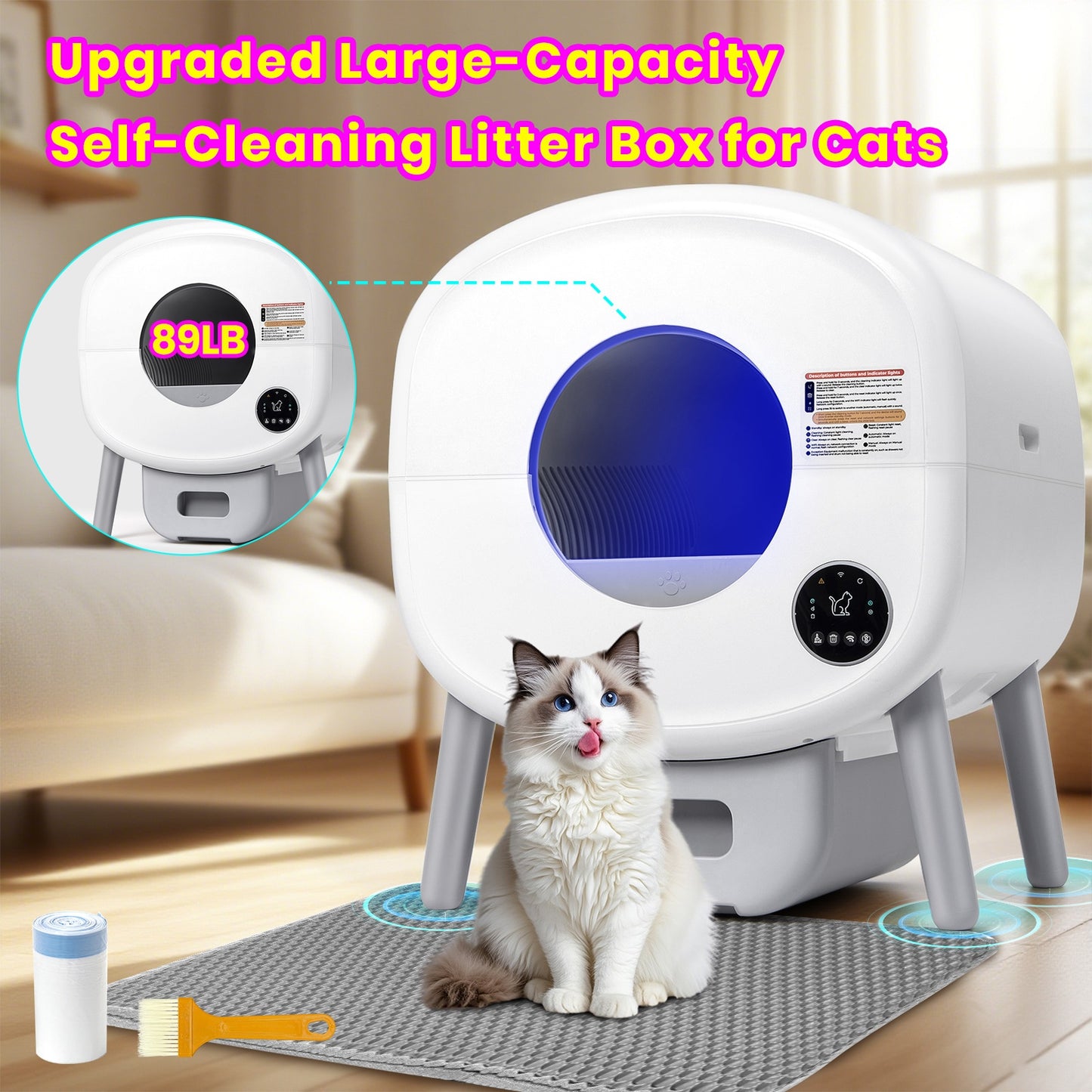 Self Cleaning Cat Litter Box With Garbage Bags - Extra Large Automatic Litter Box For Multiple Cats With Mat - Odor-Free Waste Disposal Litter Robot With App Control Ambient Light