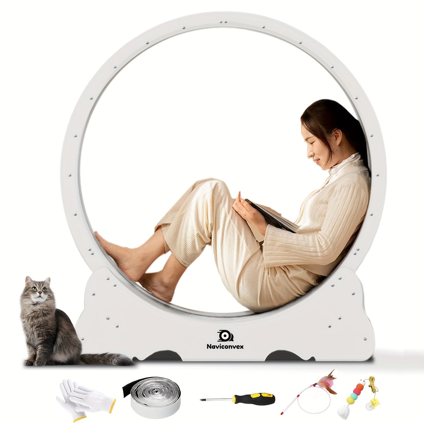 Naviconvex, Cat Toy, 45-Inch Large Cat Exercise Wheel, Silent Running Wheel, Indoor Cat Treadmill, XL Wooden Cat Treadmill With Carpeted Runway, Perfect Gift For Cat Lovers