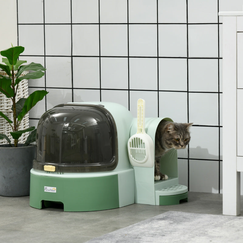 EANE PawHut Automatic Self-Cleaning Cat Litter Box with Lid & Openable Front Cover - Removable Tray, Spacious Side Door, Odor Control, Modern Space Capsule Design, Green Water Diamond Crystal for Cats Up to 10 lbs