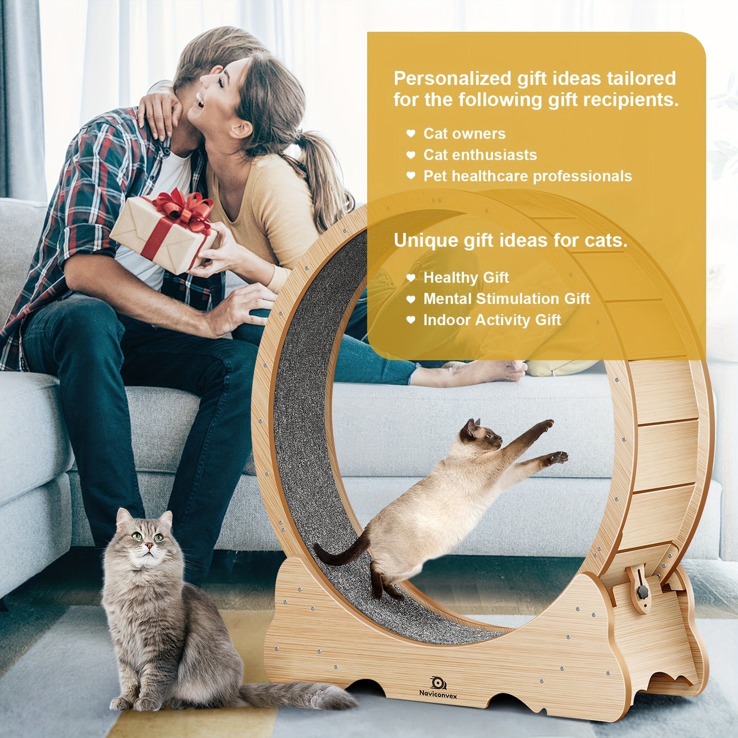 Naviconvex, Cat Toy, 45-Inch Large Cat Exercise Wheel, Silent Running Wheel, Indoor Cat Treadmill, XL Wooden Cat Treadmill With Carpeted Runway, Perfect Gift For Cat Lovers