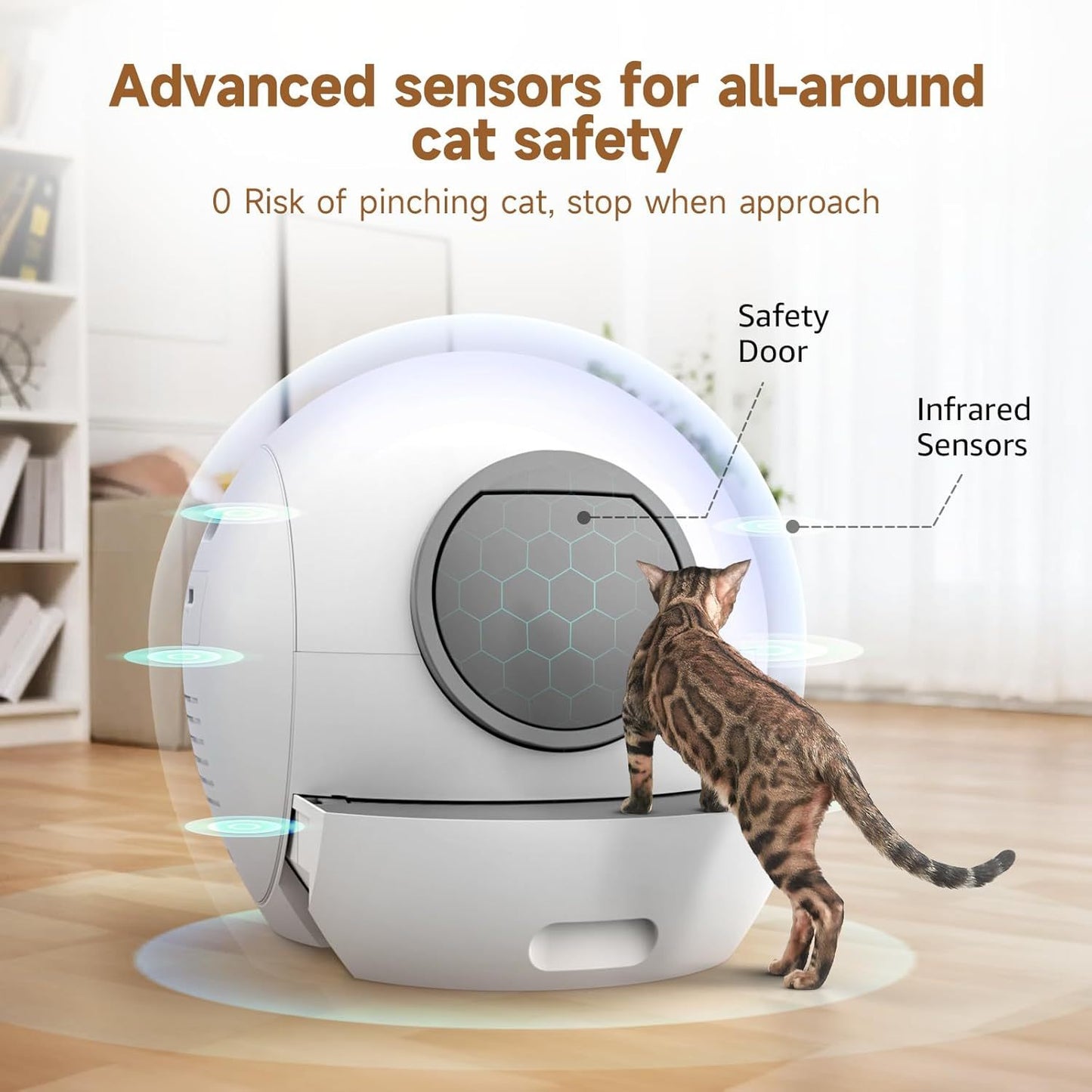Self-Cleaning Automatic Cat Litter Box with 15.85gal Extra Large Capacity, Scoop-Free Operation, Odor Removal & Anti-Pinch Safety, USB-Powered Smart Litter Box with App Control, Low Voltage (36V) for Multi-Cat Households, Modern White Design with Automati