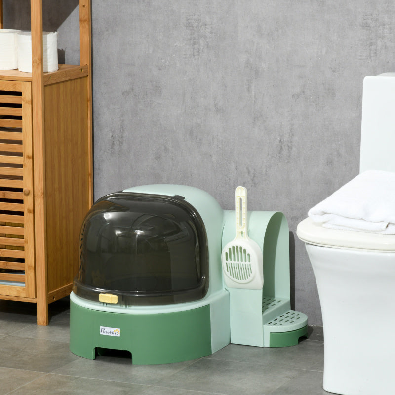 EANE PawHut Automatic Self-Cleaning Cat Litter Box with Lid & Openable Front Cover - Removable Tray, Spacious Side Door, Odor Control, Modern Space Capsule Design, Green Water Diamond Crystal for Cats Up to 10 lbs