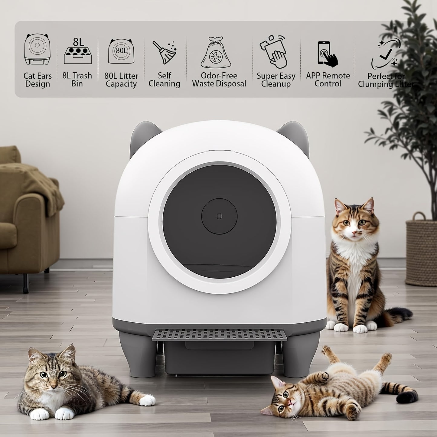 Jumbo-Sized Smart Automatic Cat Litter Box with App Remote Control, Wi-Fi Connectivity, Built-in Safety System & Quiet Operation - Self-Cleaning, Odor Elimination, USB-Powered with Battery Backup, Large Capacity for Medium\u002FLarge Cats & Kittens, Moder