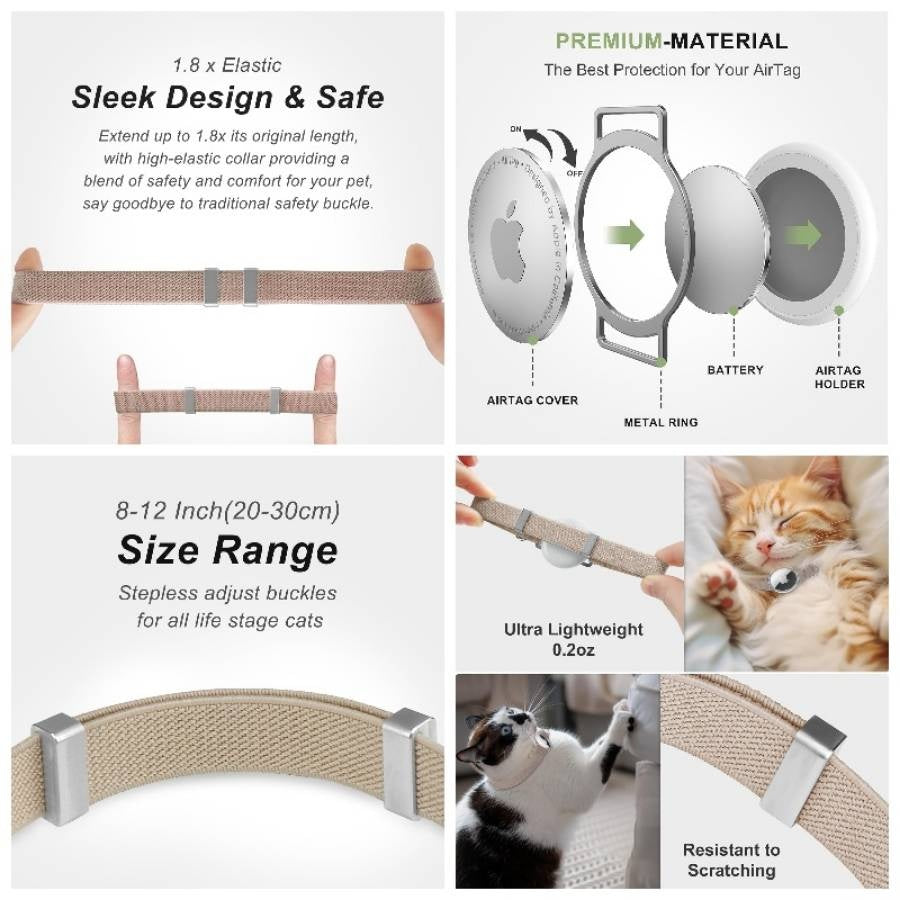 AirTag Collar, Ultra Elastic Tracker Collar with Air Holder, LightweightScratch Resistant Stepless Adjustable GPS Pet Collar Cats Kittens Khaki